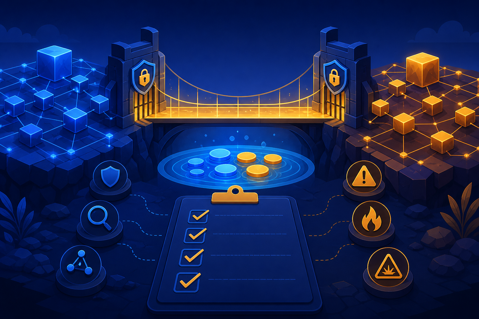 Original editorial illustration explaining a risk checklist before using a crypto bridge