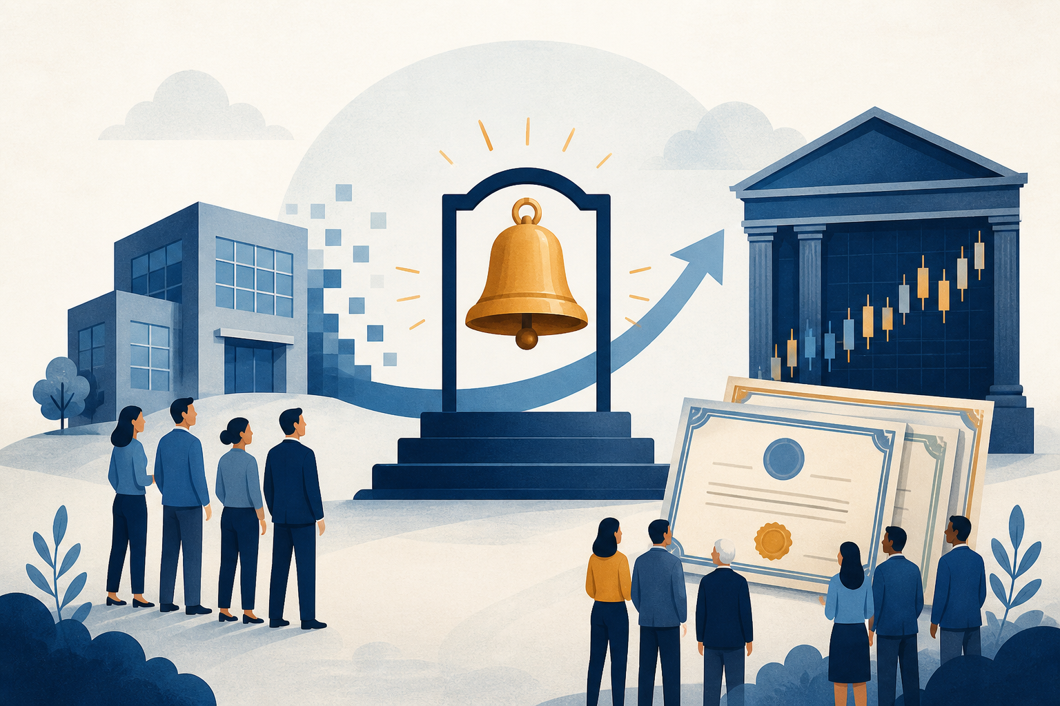 Original editorial illustration explaining how an IPO works