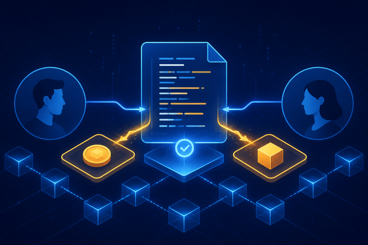 Original editorial illustration explaining how smart contracts work at a basic level