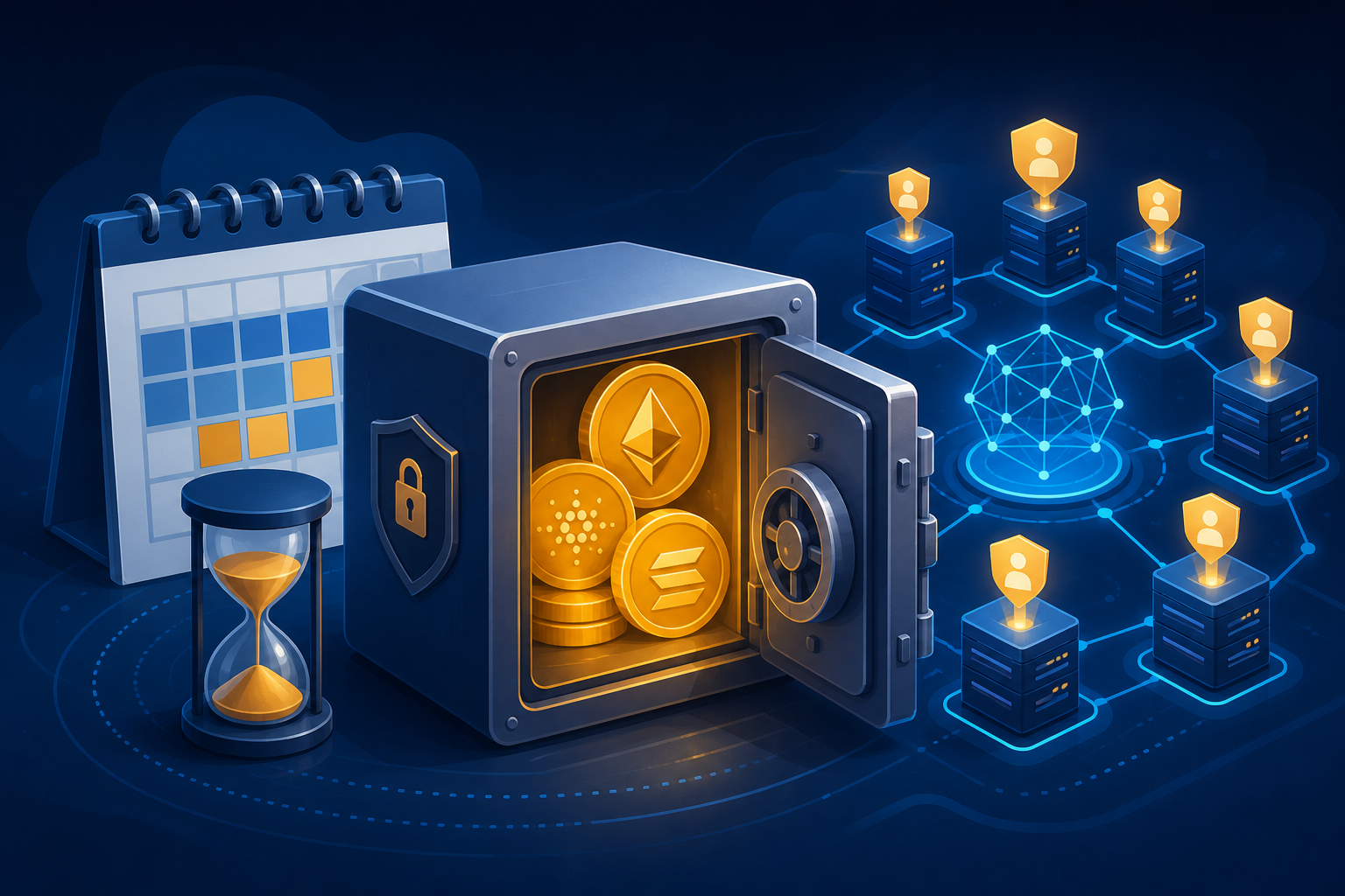 Original editorial illustration explaining how to review staking lockups and withdrawals