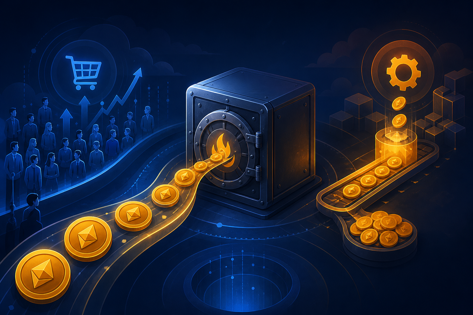 Original editorial illustration explaining how to interpret token burns and supply policy
